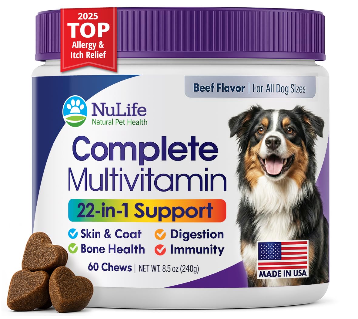 NuLife multivitamínico para perros en empaque, apoyo diario para la salud general.