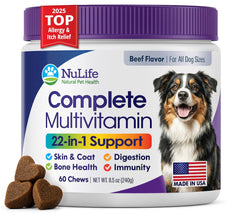 NuLife multivitamínico para perros en empaque, apoyo diario para la salud general.
