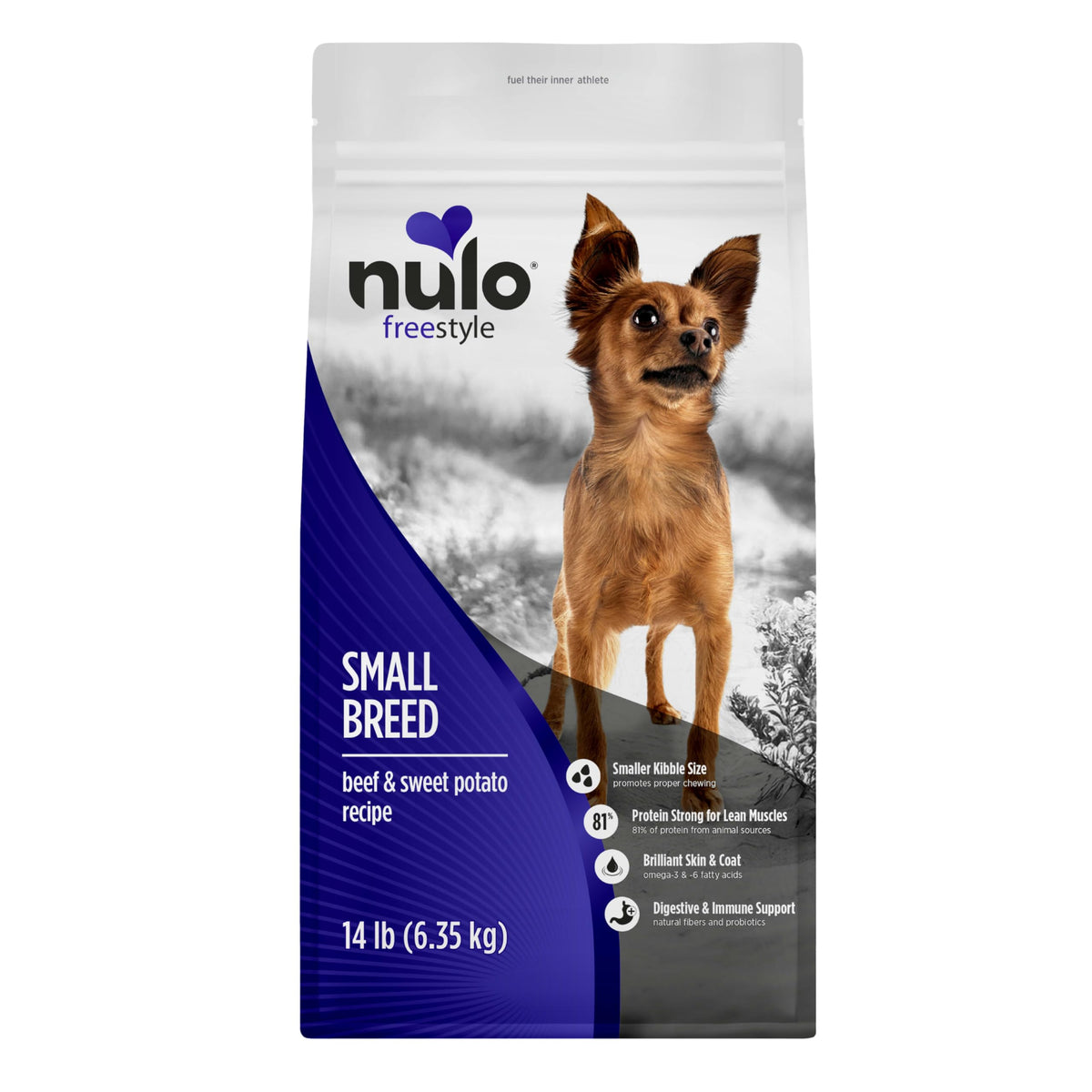 Nulo Freestyle para cachorros pequeños con carne como primer ingrediente y alto proteico para músculos.