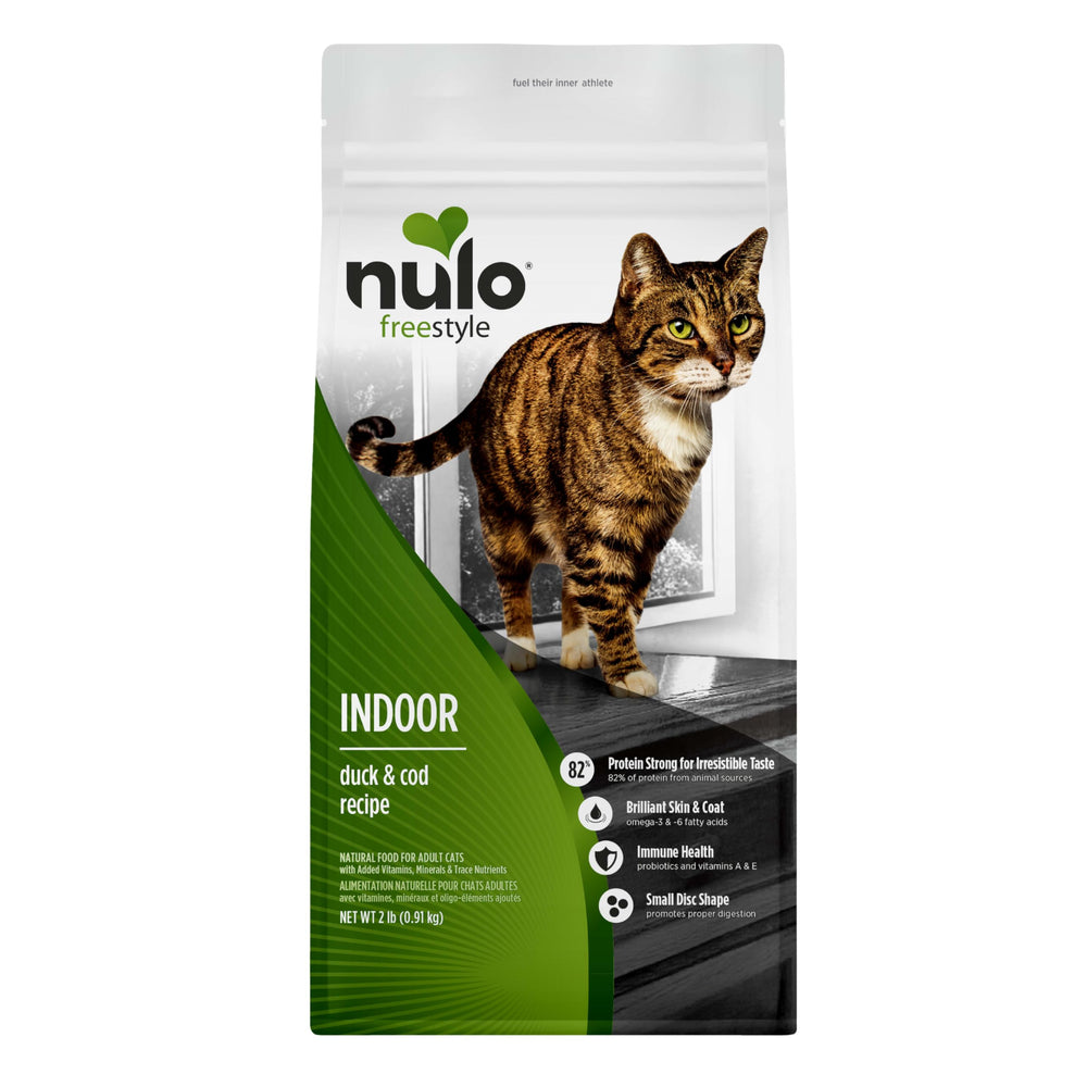 Nulo Freestyle Indoor Chat: croquettes canard cabillaud pour muscles et énergie quotidienne.
