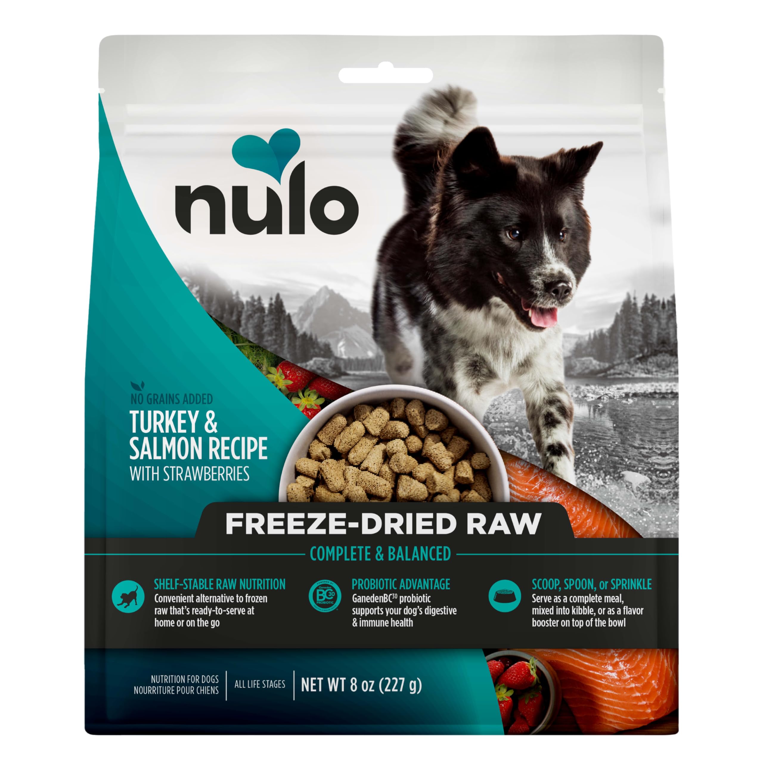 Nulo Freeze-Dried con pavo y salmón en bolsa de 8 oz para servir fácilmente.