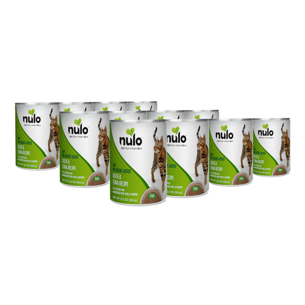 Nulo Pate para gatos, frente de lata, pato y atún, ideal para comer.