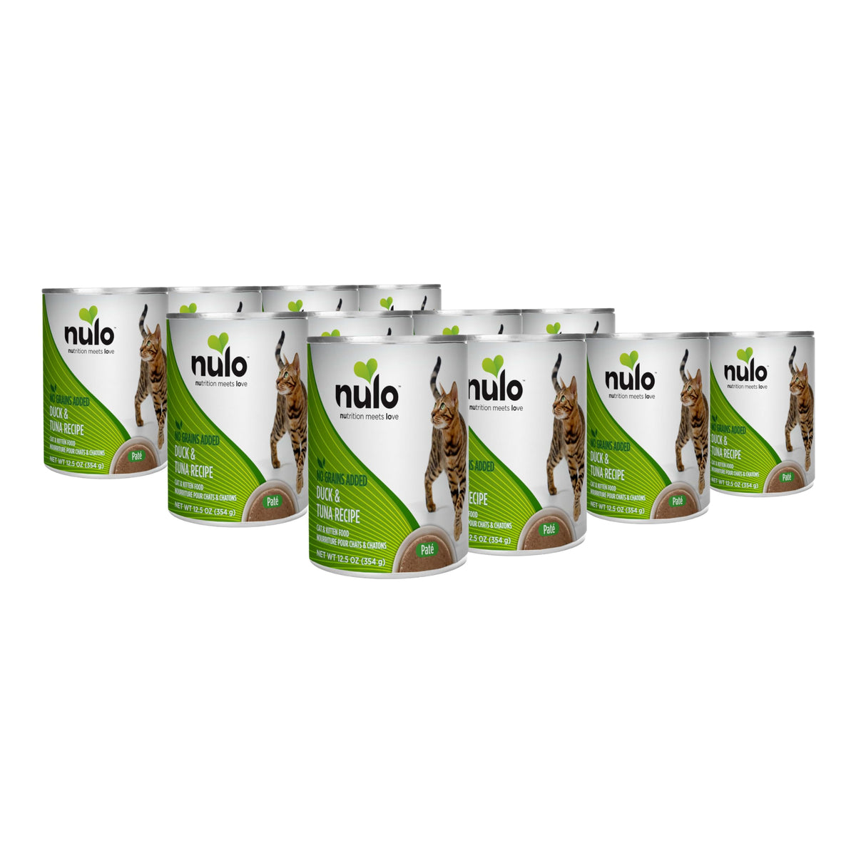 Nulo Pate para gatos, frente de lata, pato y atún, ideal para comer.