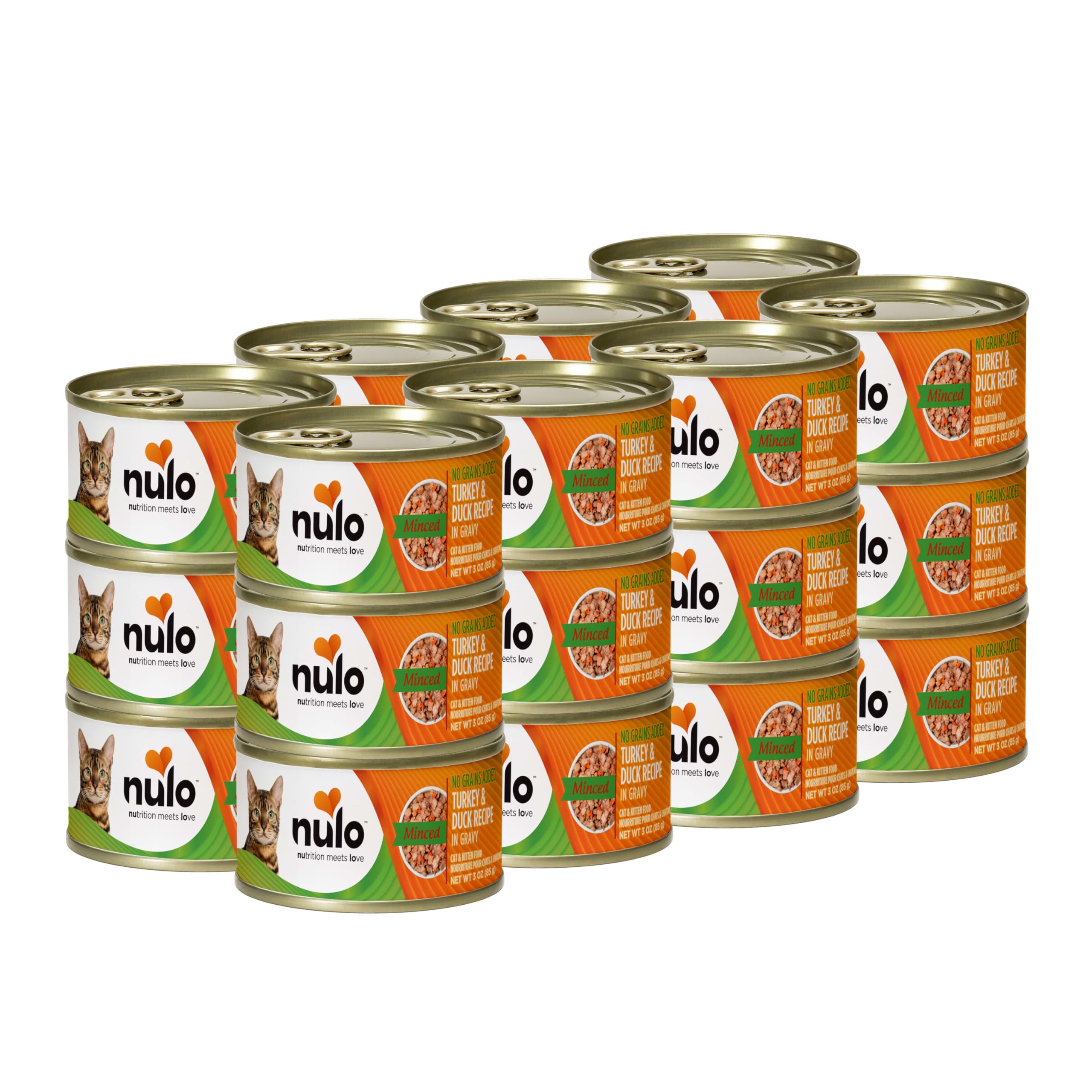 Nulo pavo y pato picados en lata de 3 onzas, ideal para gatos activos.