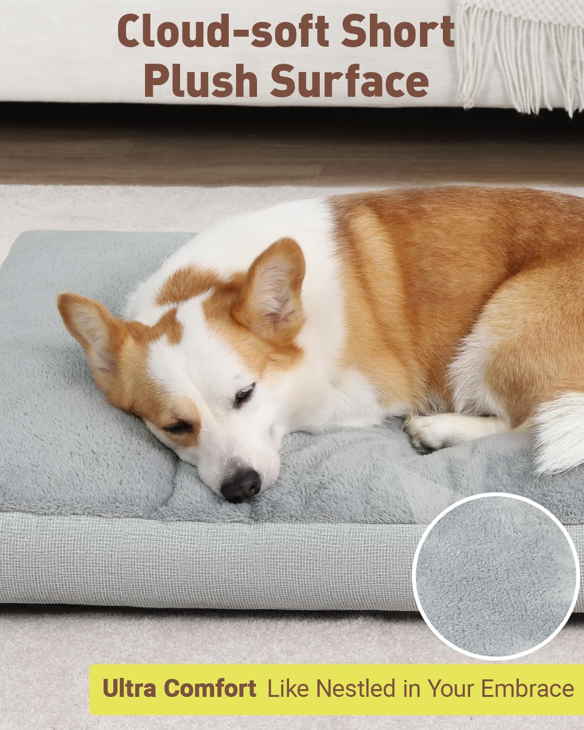 Superficie plush de la cama NUPIDA para perro grande, tacto suave.