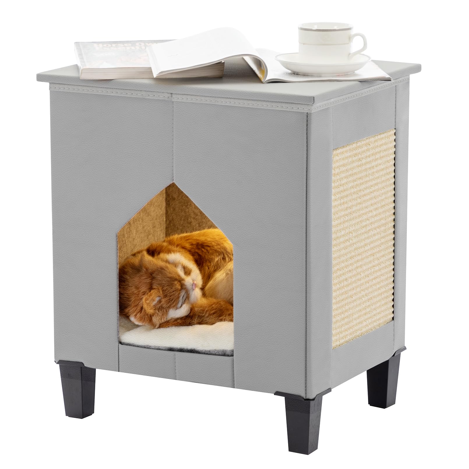 NUROMY casa-gato interior con rascador amplio para felinos activos.