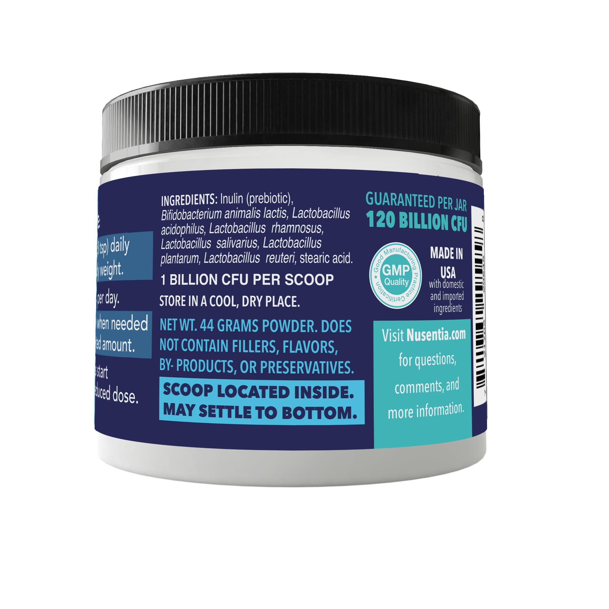 Nusentia Probiotics 120 mil millones CFU por frasco, alta potencia.