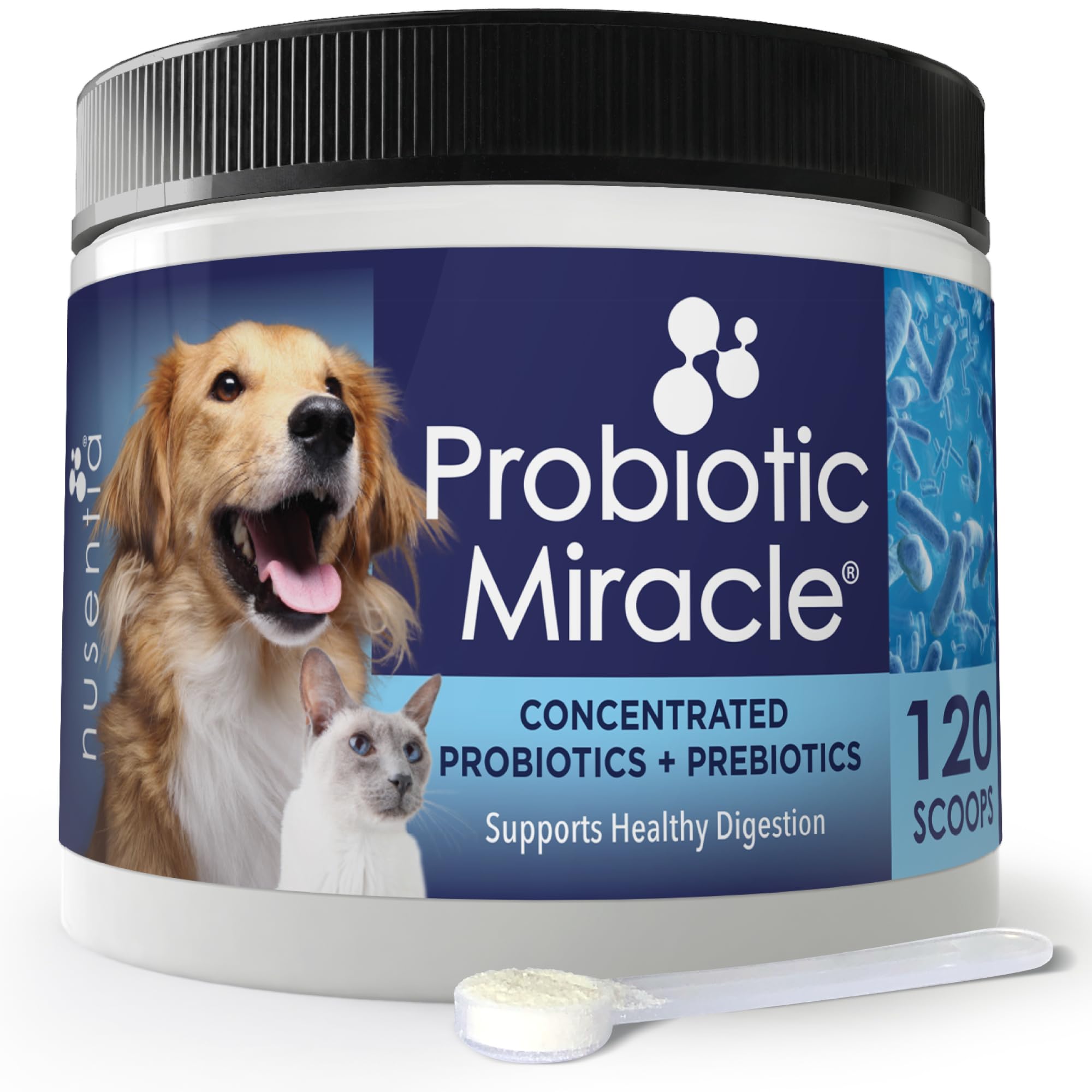 Nusentia Probiotics para perros y gatos en lata, soporte al balance intestinal.