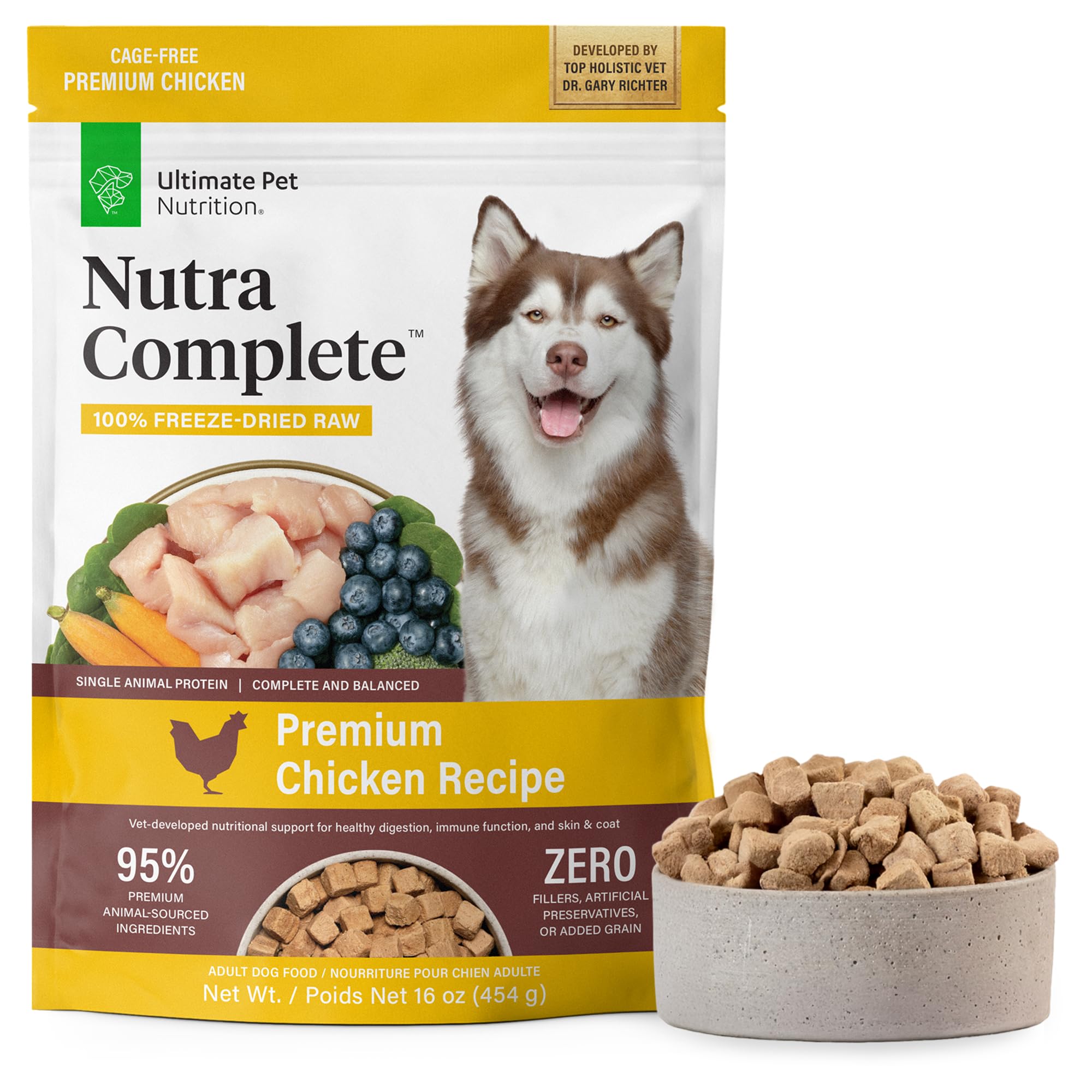 Nutra Complete pollo seco congelado para perros, proteína fácilmente digerible.