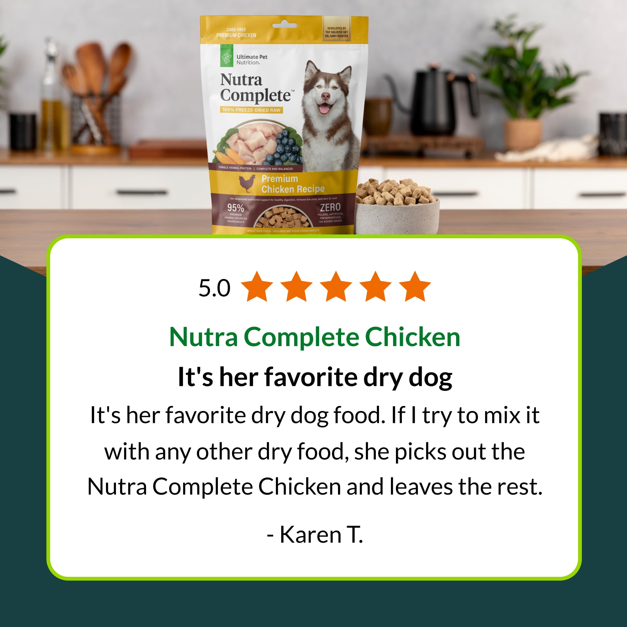 Nutra Complete receta con pollo al 95%, ingredientes premium.