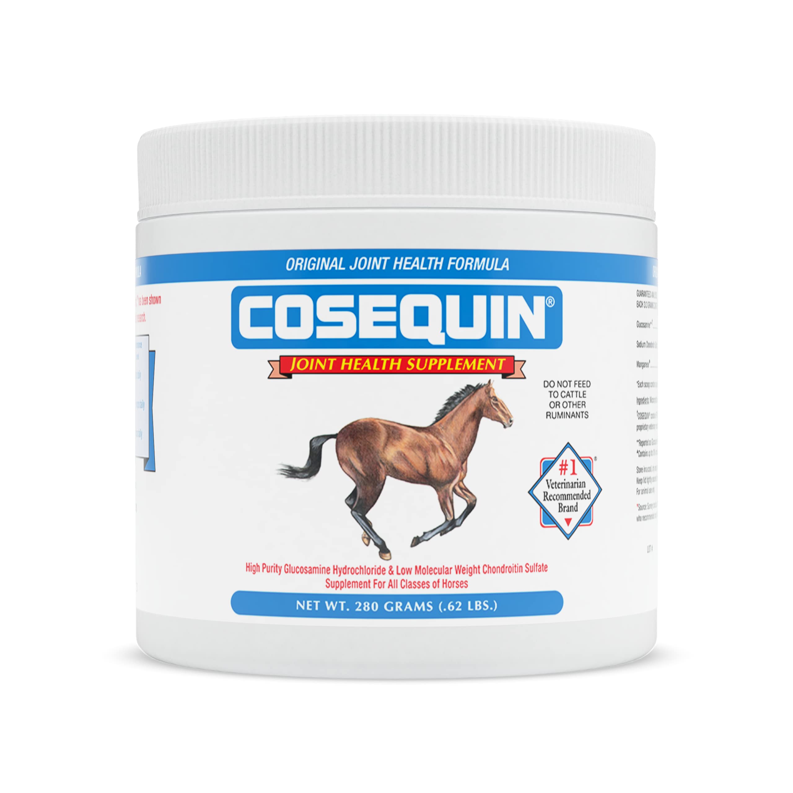 Nutramax Cosequin en envase de polvo para articulaciones de caballos, uso diario.