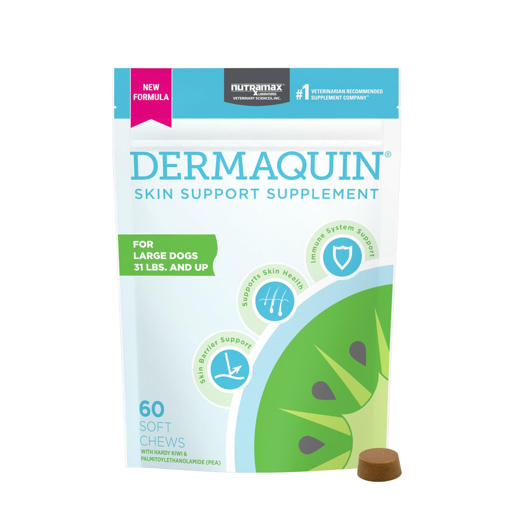 Nutramax Dermaquin envase para perros grandes, apoyo a la barrera de la piel.