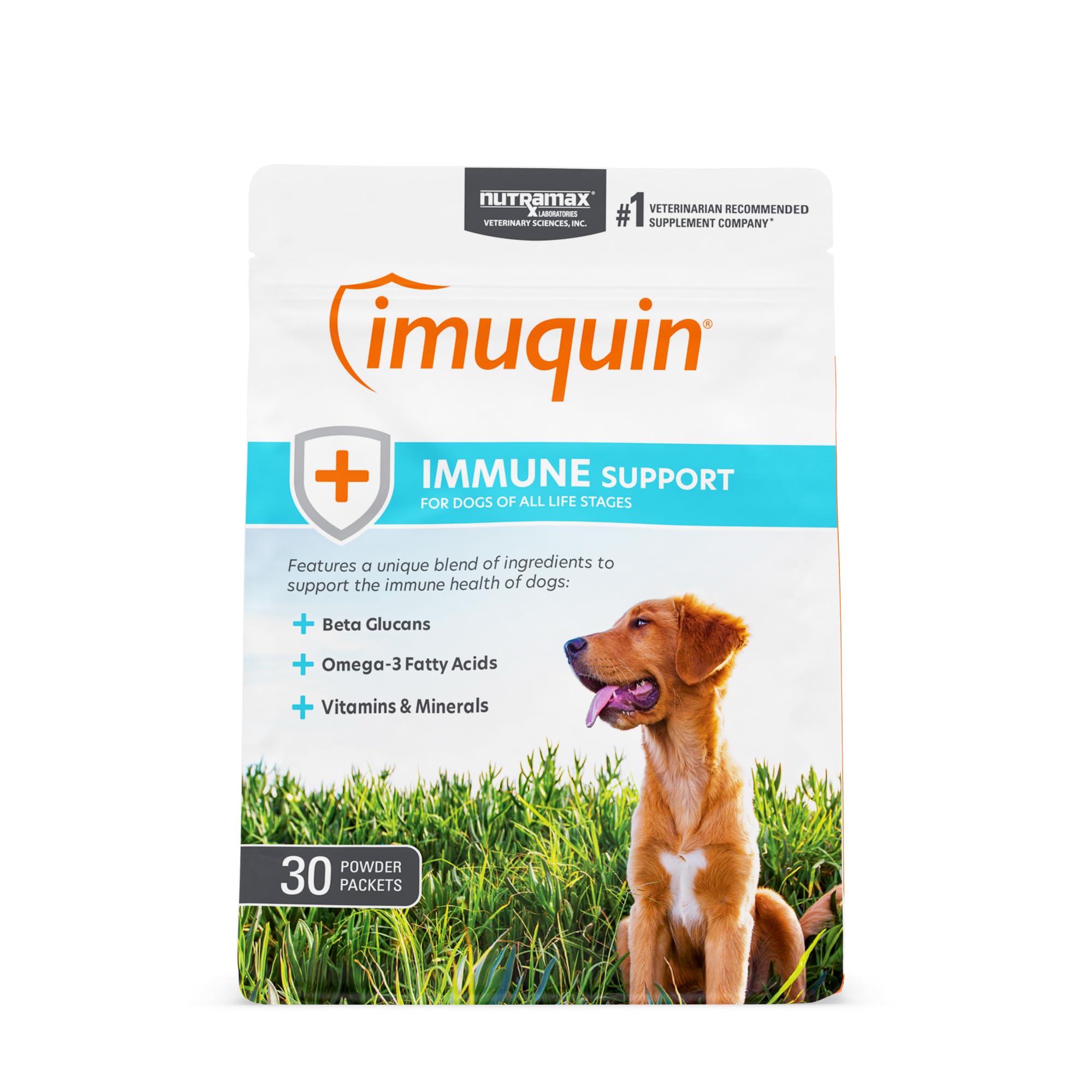 Nutramax Imuquin polvo para perros, soporte inmunológico diario.