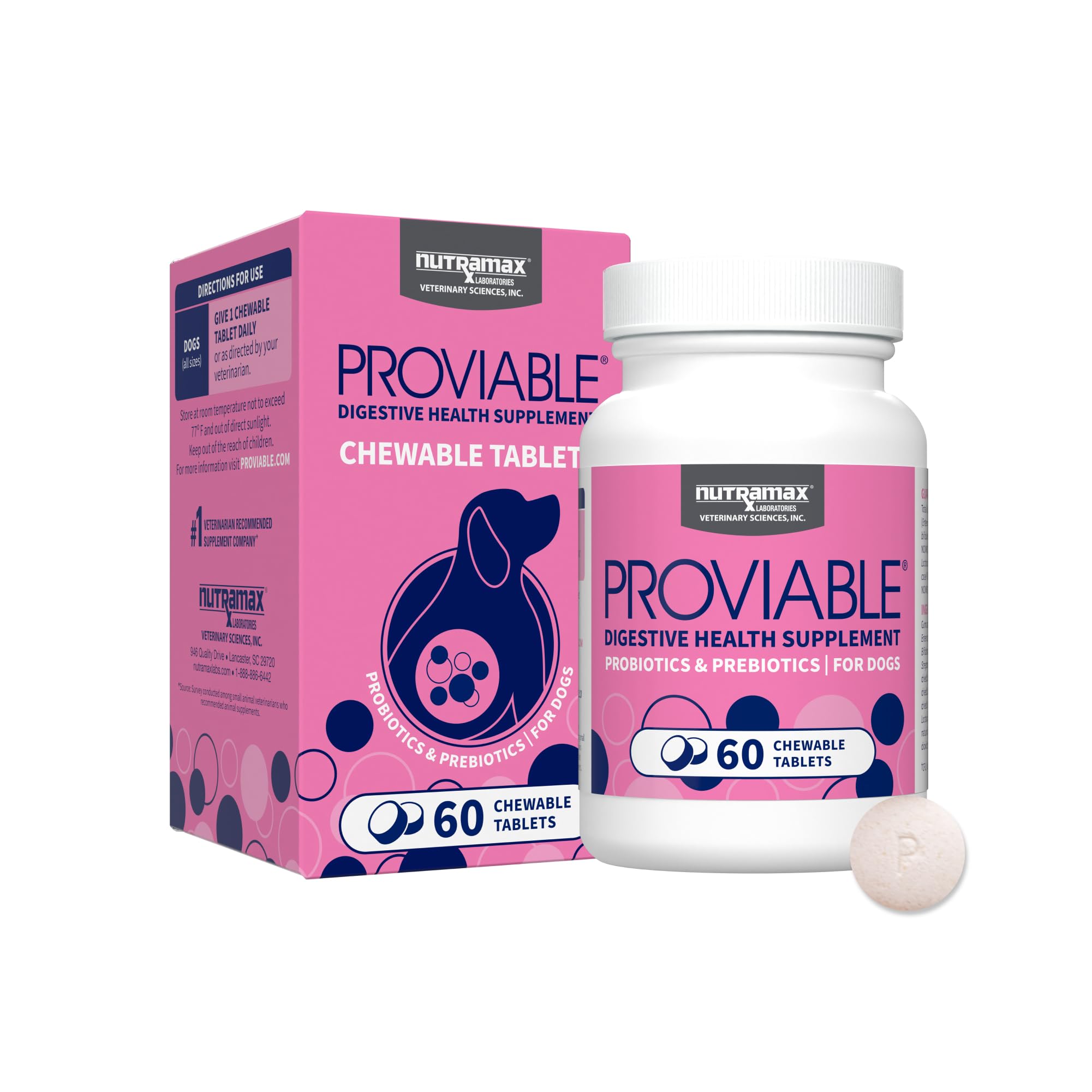 Nutramax Proviable: empaque botella para perros, fácil de usar.