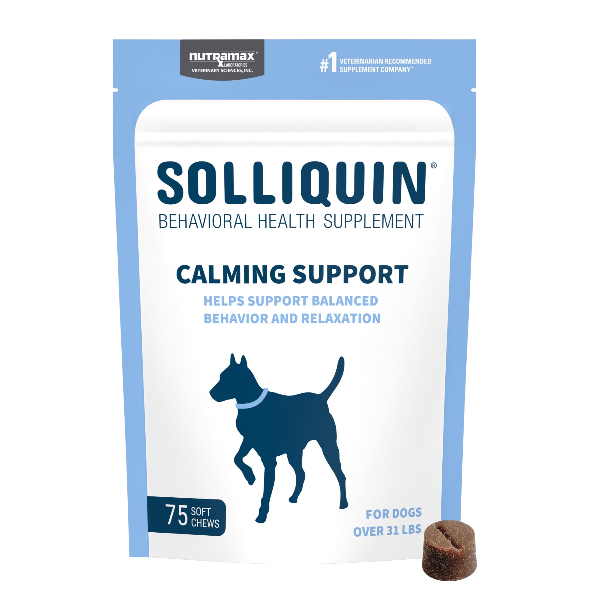 Frasco de Nutramax Solliquin, comprimidos para apoyo calmante diario en perros.