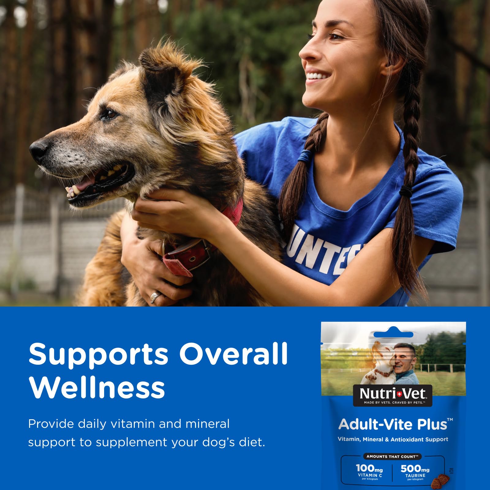 Nutri-Vet Adult-Vite Plus calcio y zinc, fortalecimiento de huesos y piel.
