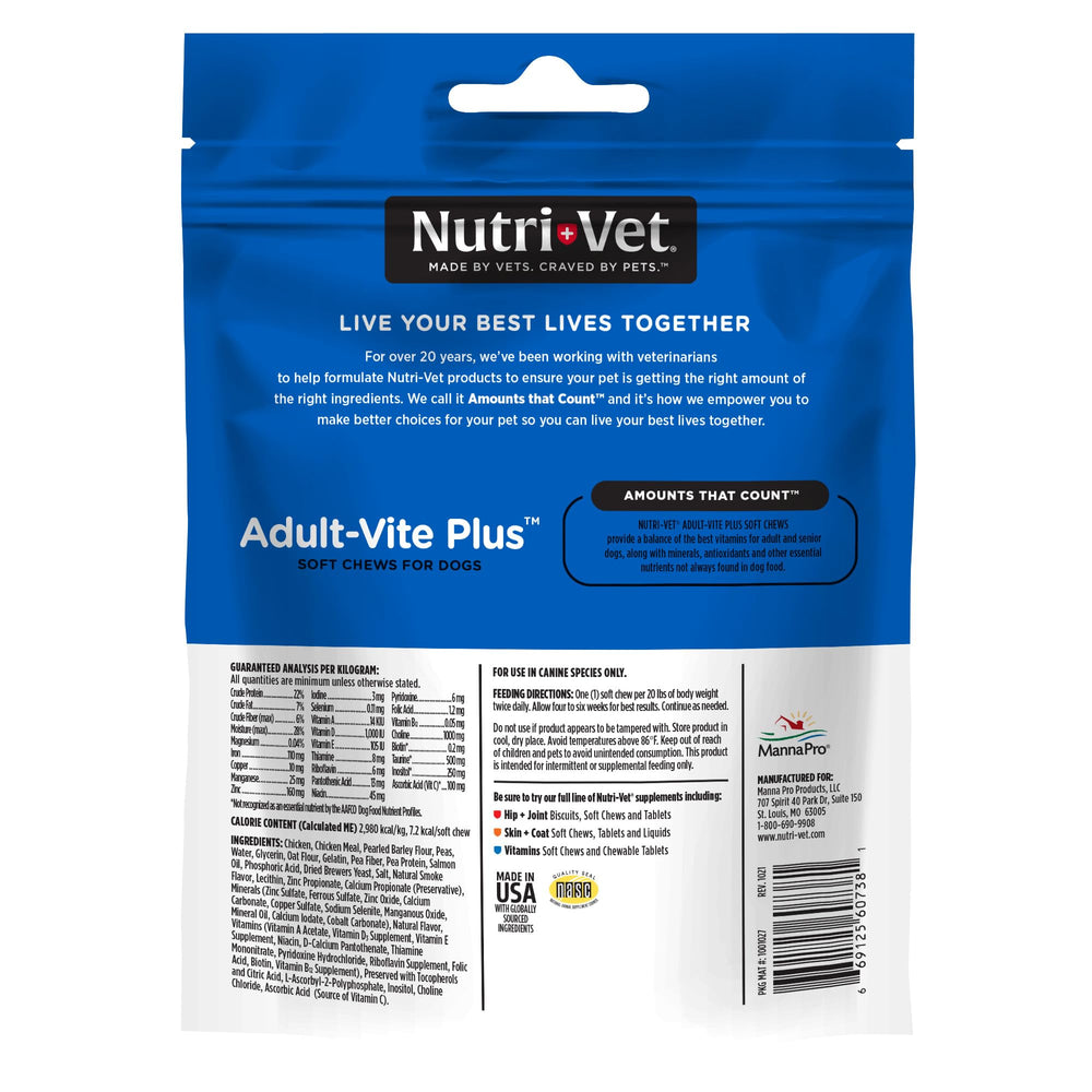 Nutri-Vet Adult-Vite Plus formulación veterinaria para seguridad y eficacia.