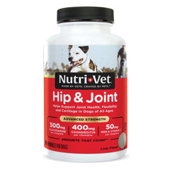 Nutri-Vet Hip & Joint avanzada: botella de comprimidos sabor hígado para movilidad diaria.
