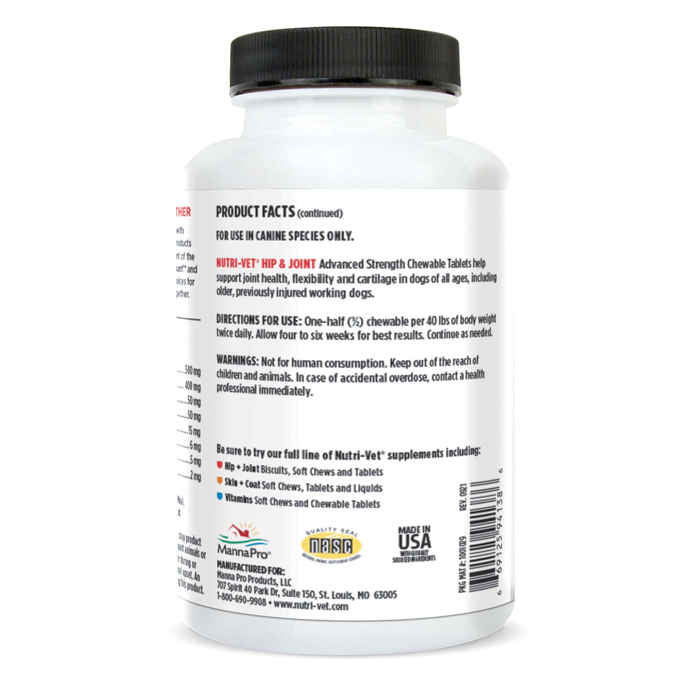 Nutri-Vet Advanced Strength Hip & Joint: envase y dosis diaria que facilita la adherencia.