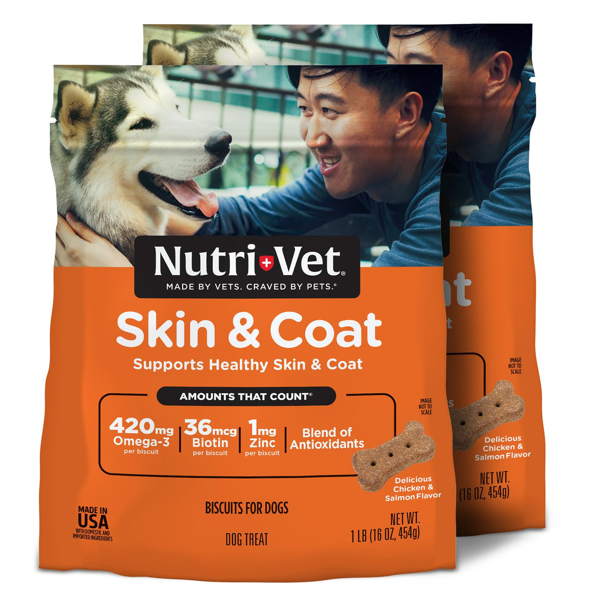 Galletas Nutri-Vet para piel y pelaje en empaque, posible apoyo para un pelaje más saludable.