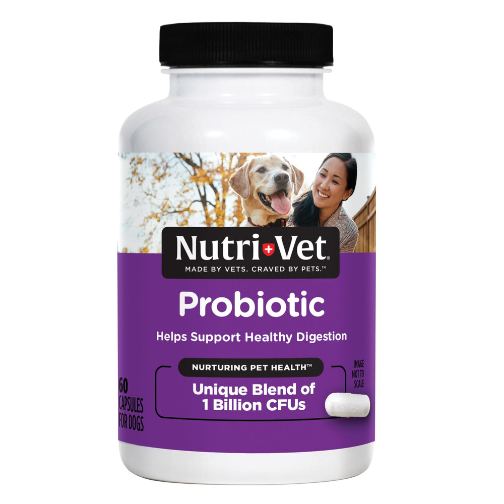 Nutri-Vet Probiotics: cápsulas en envase favorecen la salud intestinal del perro.