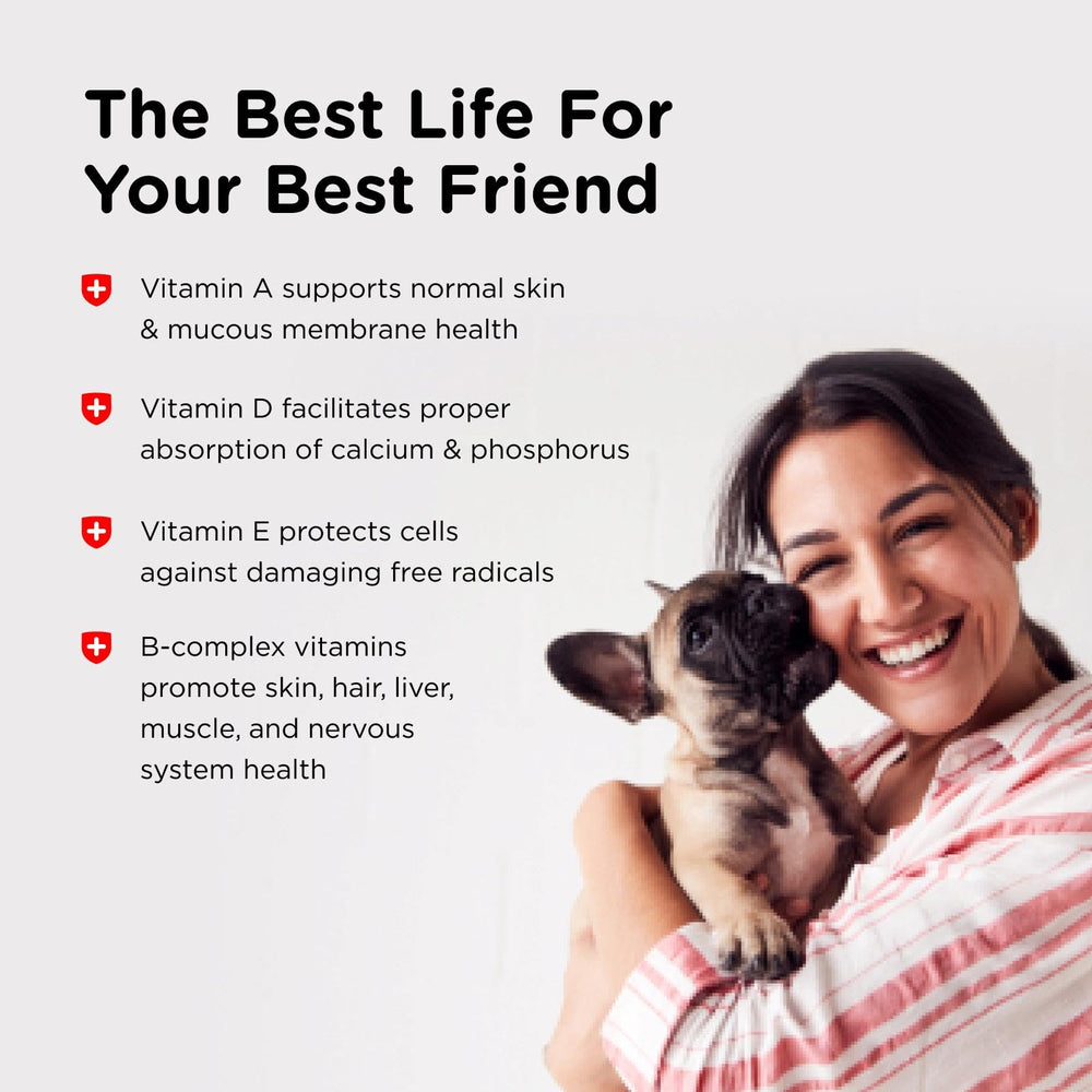 Nutri-Vet Puppy-Vite etiqueta frontal con beneficios de vitaminas.