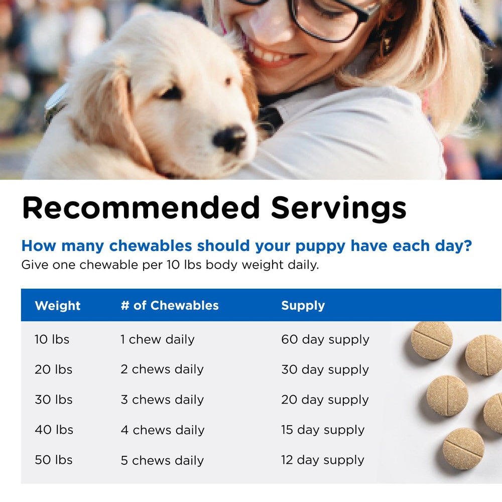Nutri-Vet Puppy-Vite tabletas masticables en mano.