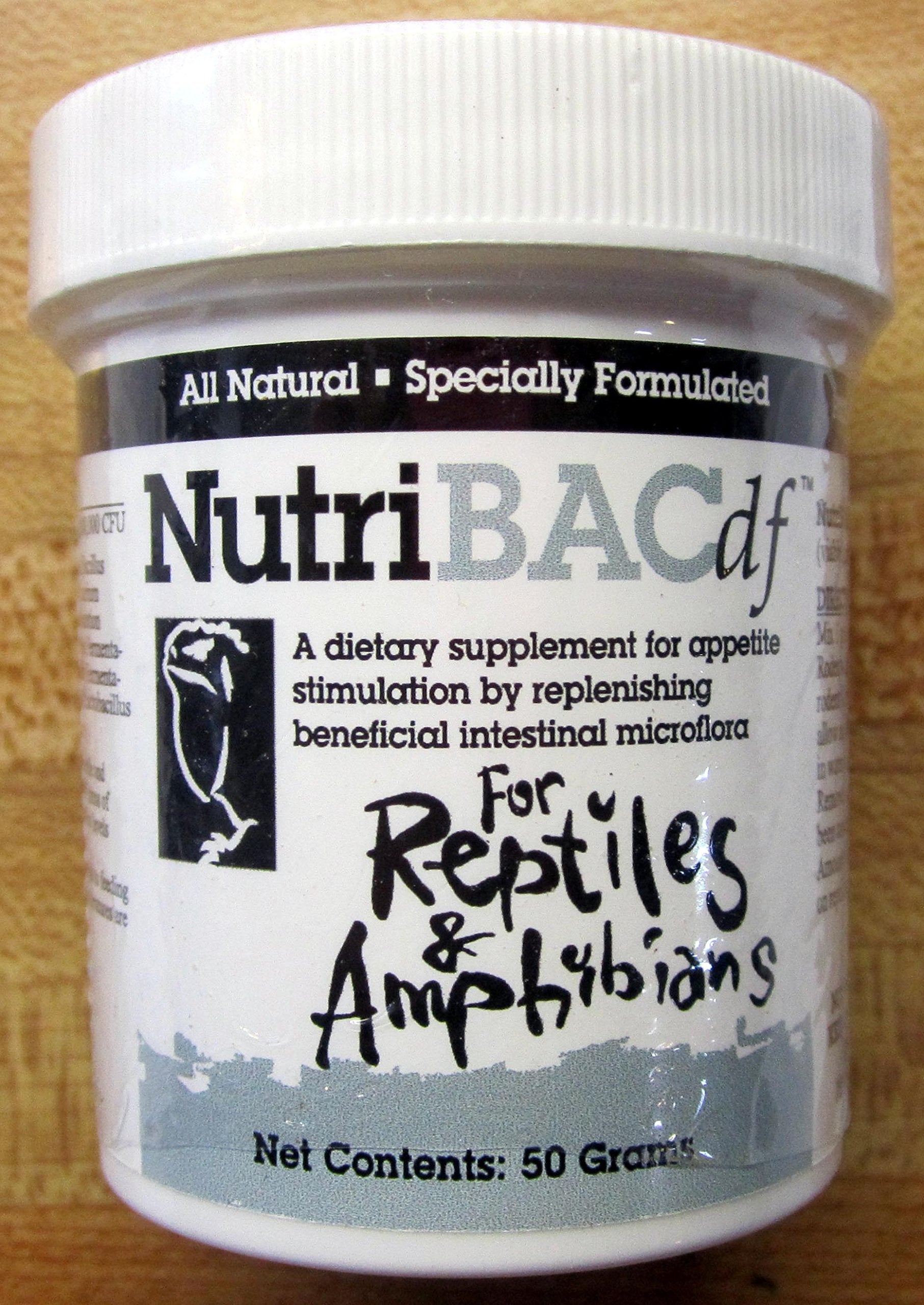 Frasco de NutriBAC df probiótico para reptiles y anfibios, mejora el apetito