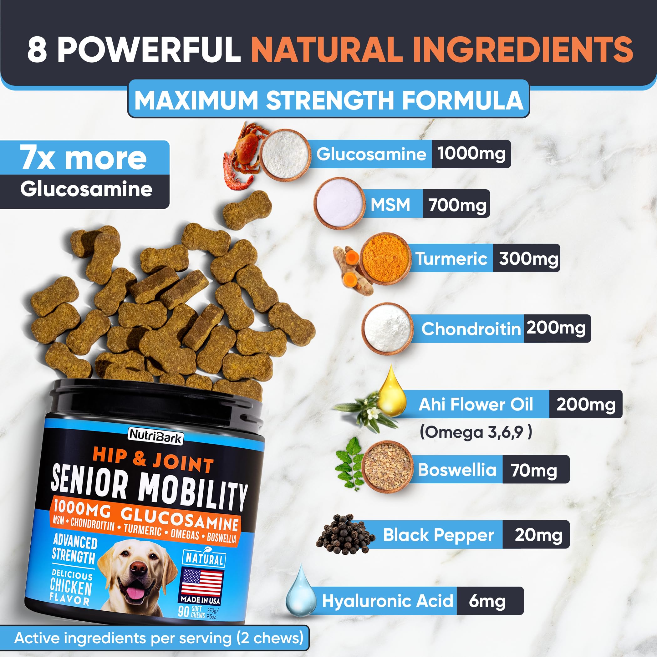 Nutribark glucosamina para perros, masticables sabor tocino para mayor flexibilidad.