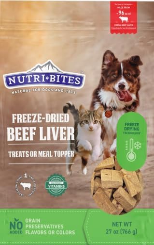 Nutribite higado de res liofilizado envase 27oz, ideal como recompensa sabrosa.