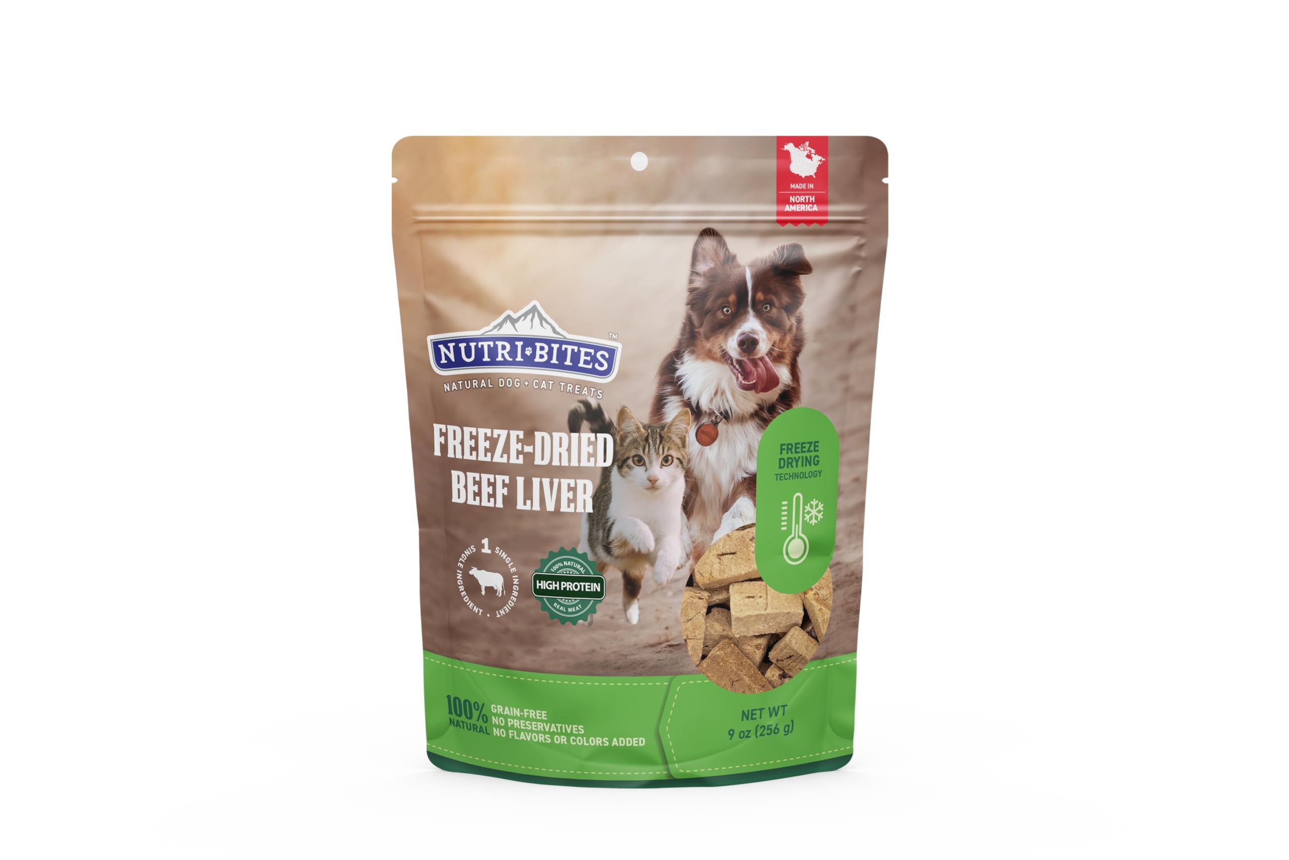 Nutri Bites higado de res liofilizado en empaque visible, snack natural para mascotas.