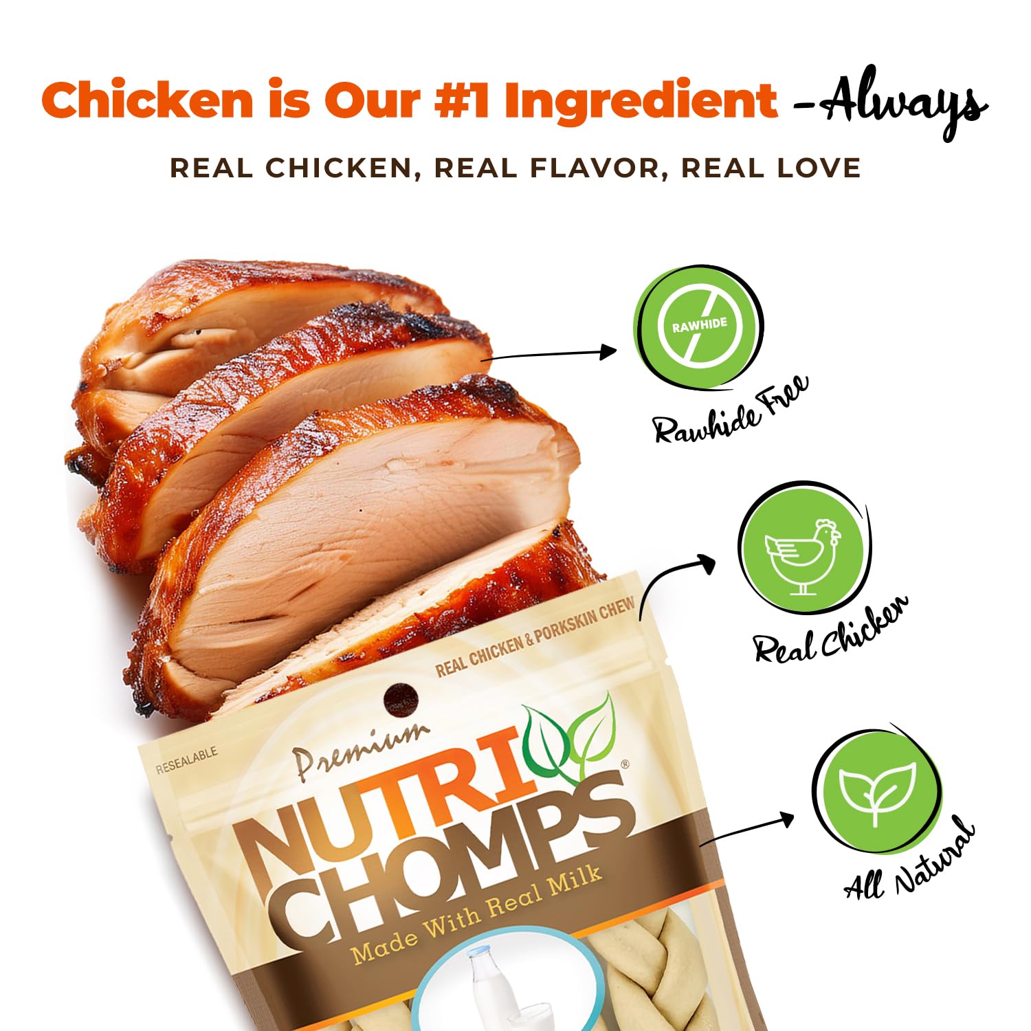 NutriChomps trenzas de sabor leche real, snack delicioso para perros exigentes.