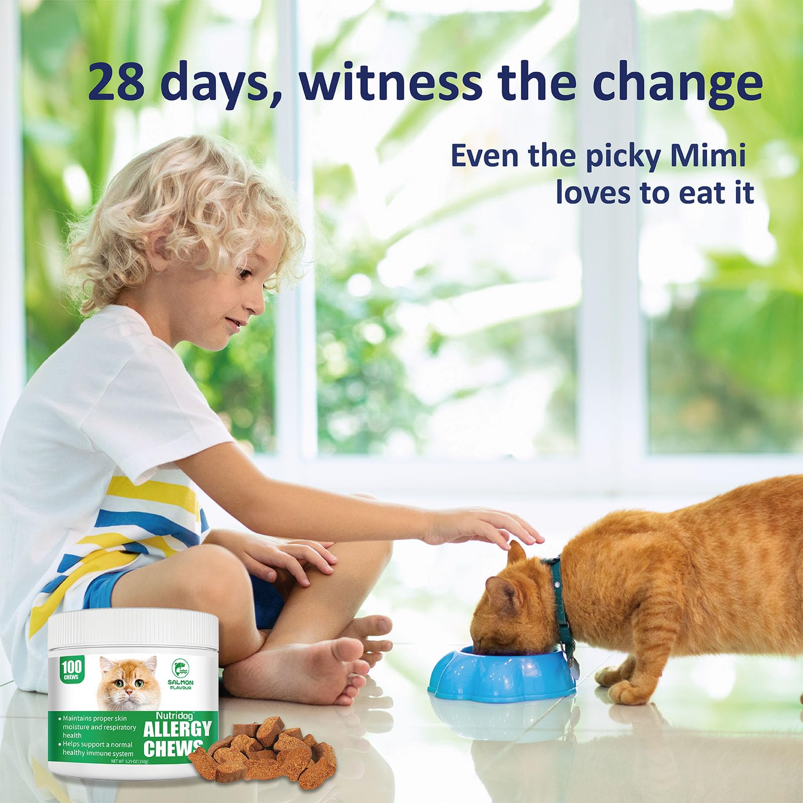 NutriDog Cat Allergy Relief Chews iconos de ingredientes clave y beneficios