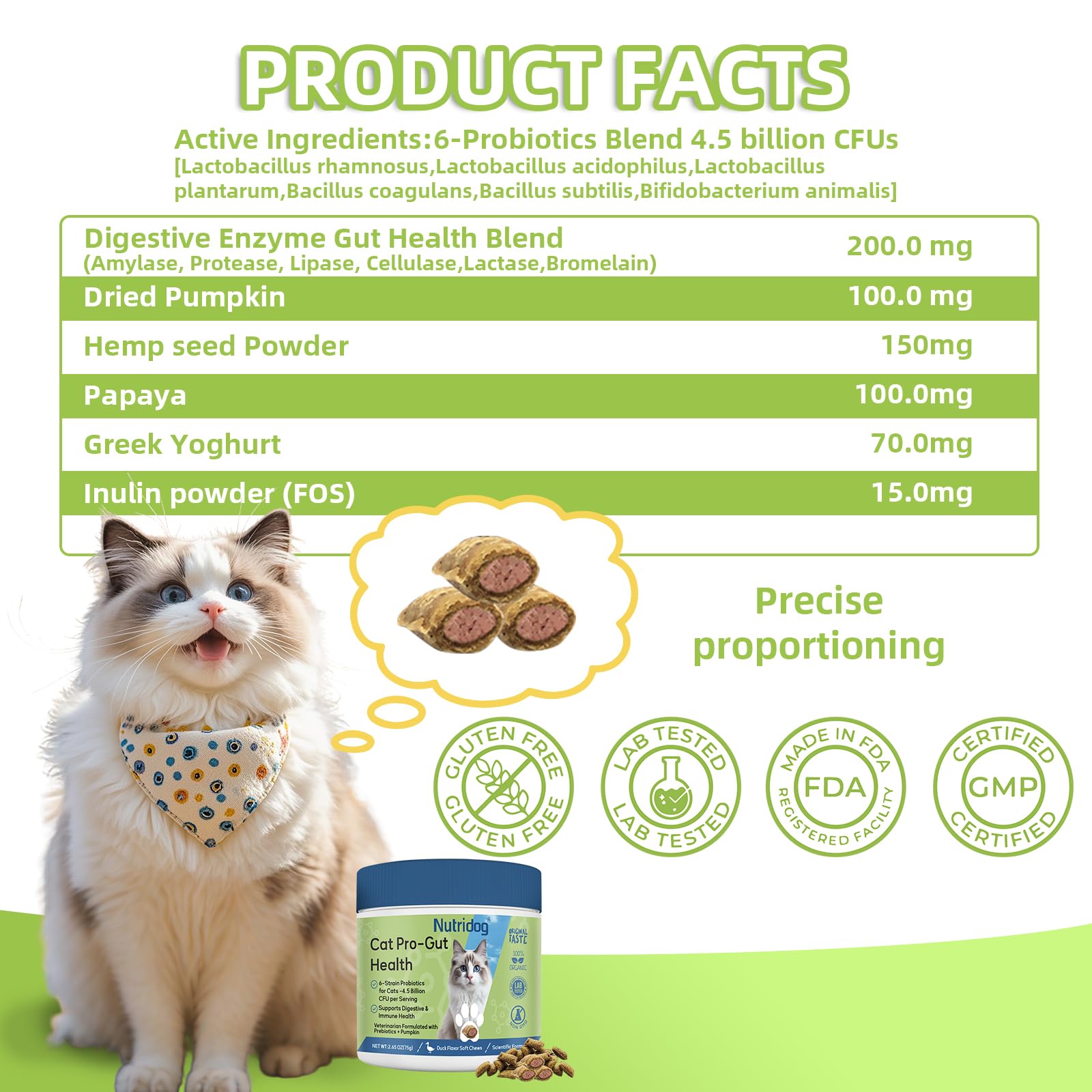 Nutridog Cat Probiotic: ingredientes de calidad, sin maiz ni aditivos artificiales.
