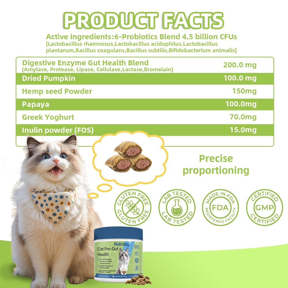 Nutridog Cat Probiotic: ingredientes de calidad, sin maiz ni aditivos artificiales.