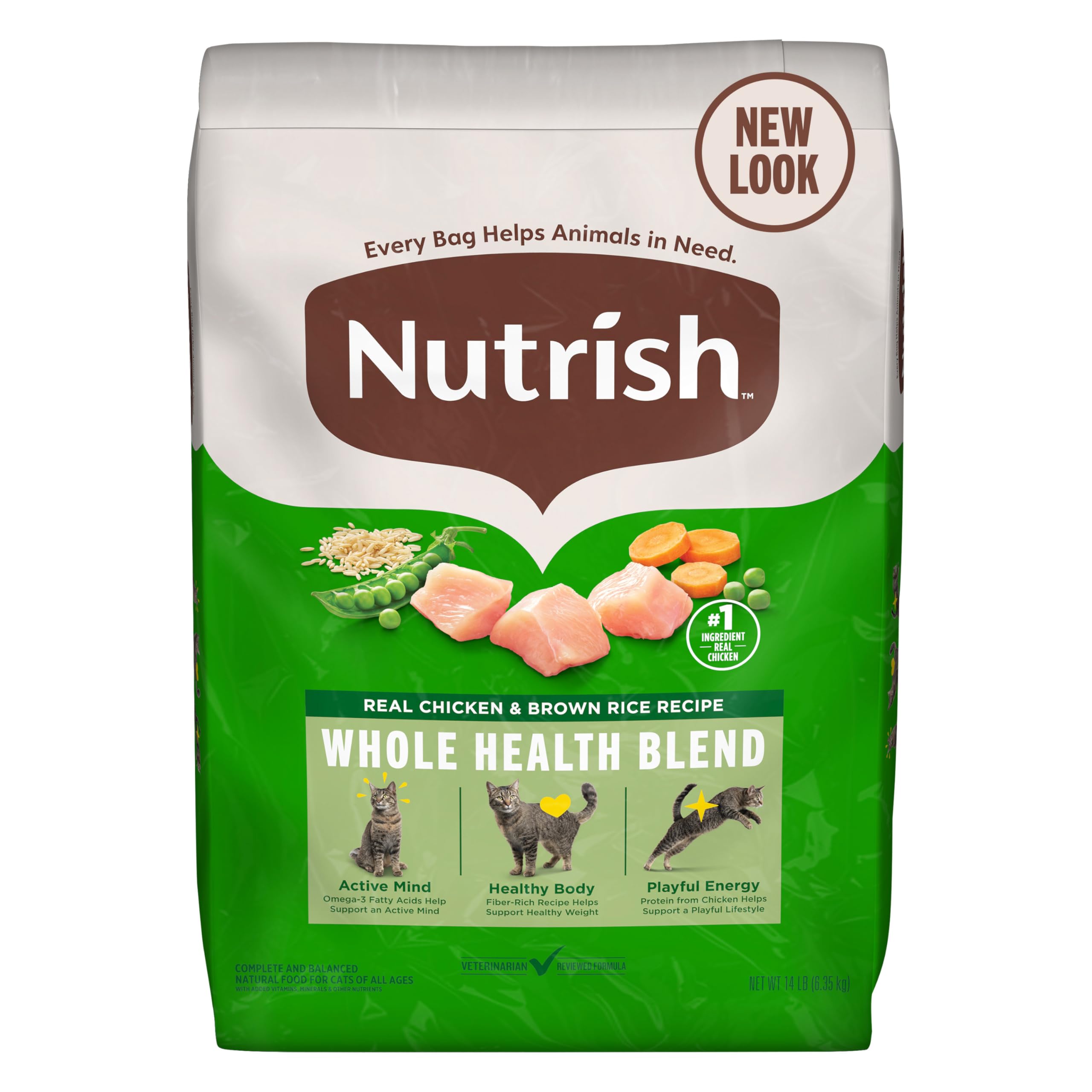 Nutrish alimento seco para gato con pollo real y arroz integral, bolsa de 14 libras para uso diario