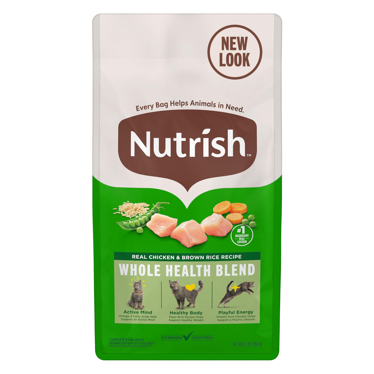 Nutrish alimento seco para gatos con pollo real, fuente de proteína.