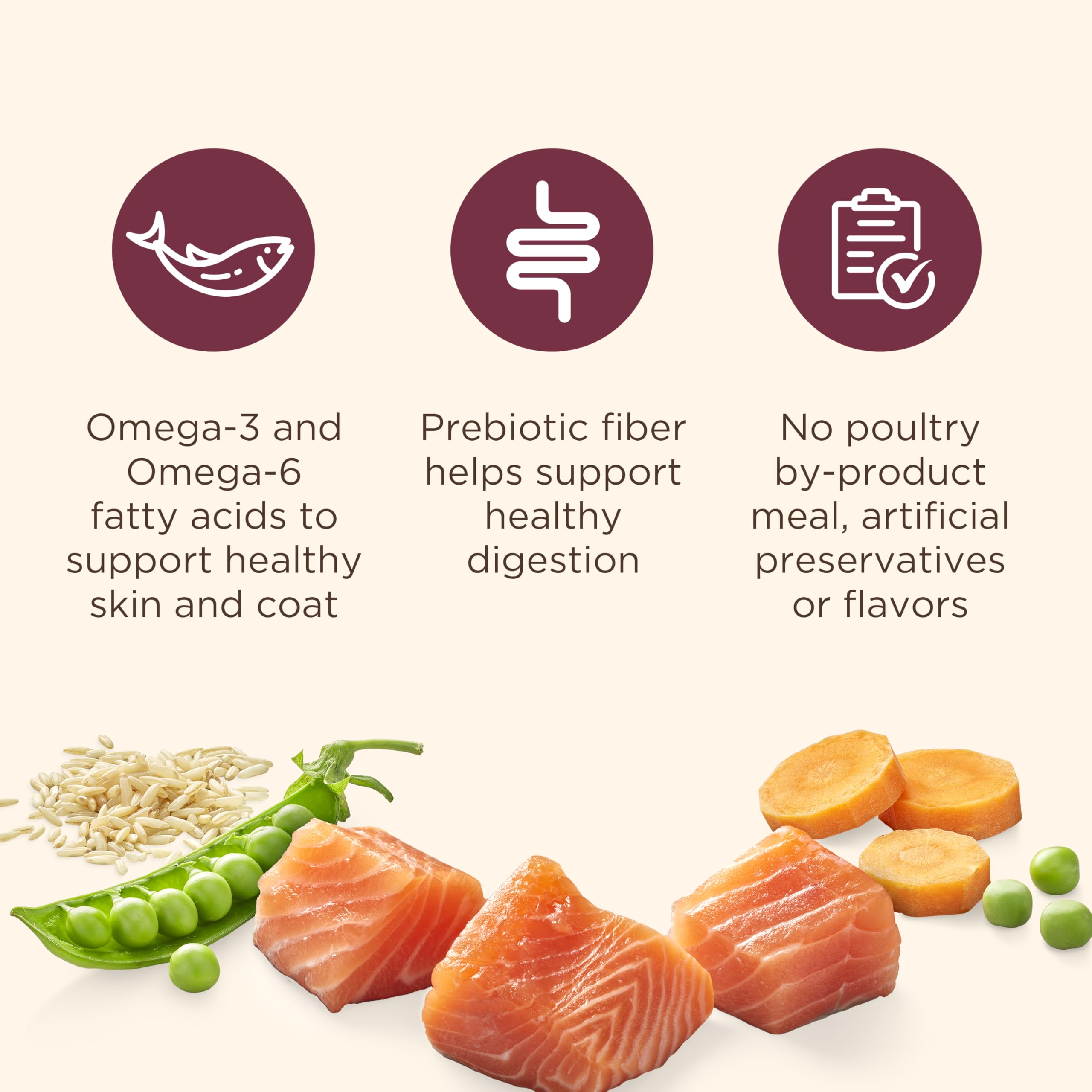 Primer ingrediente salmón real; proteína principal para músculos magros y vitalidad.