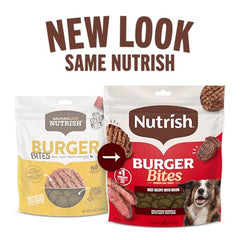 Nutrish Burger Bites etiqueta destaca ternera como ingrediente principal.