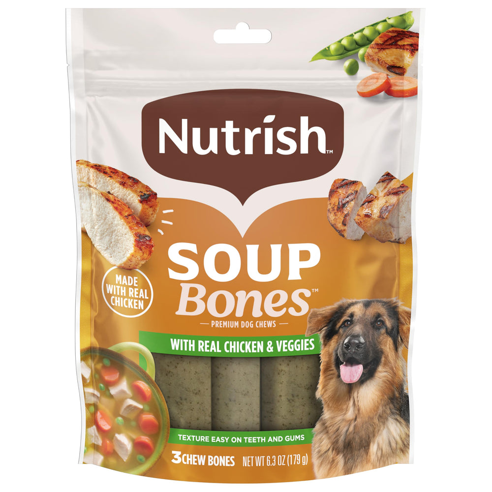 Nutrish Huesos Sopa, paquete abierto con pollo y verduras, sabor real para perros.