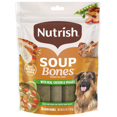 Nutrish Huesos Sopa, paquete abierto con pollo y verduras, sabor real para perros.