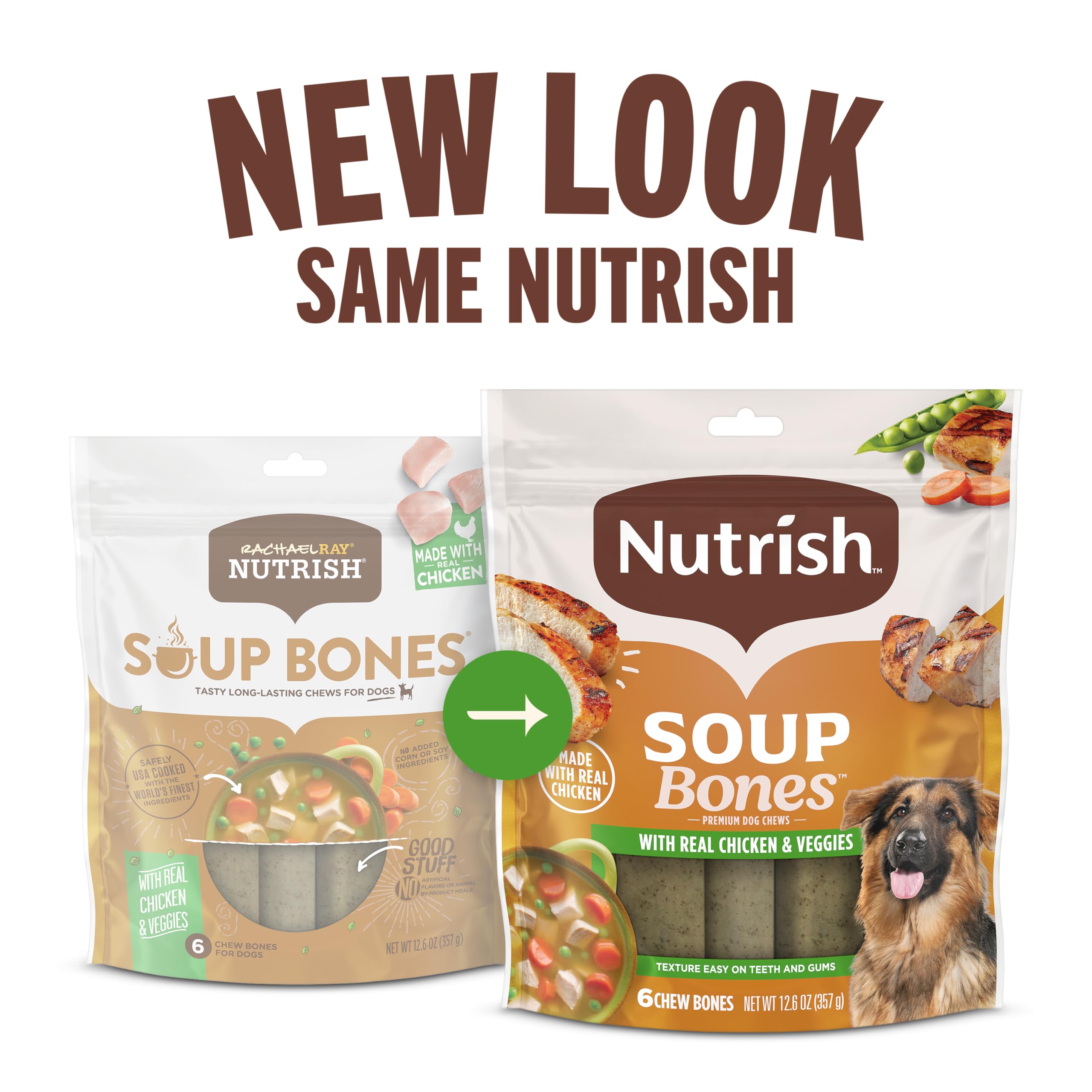 nutrish huesos de sopa pollo real y verduras visibles brindan sabor natural.