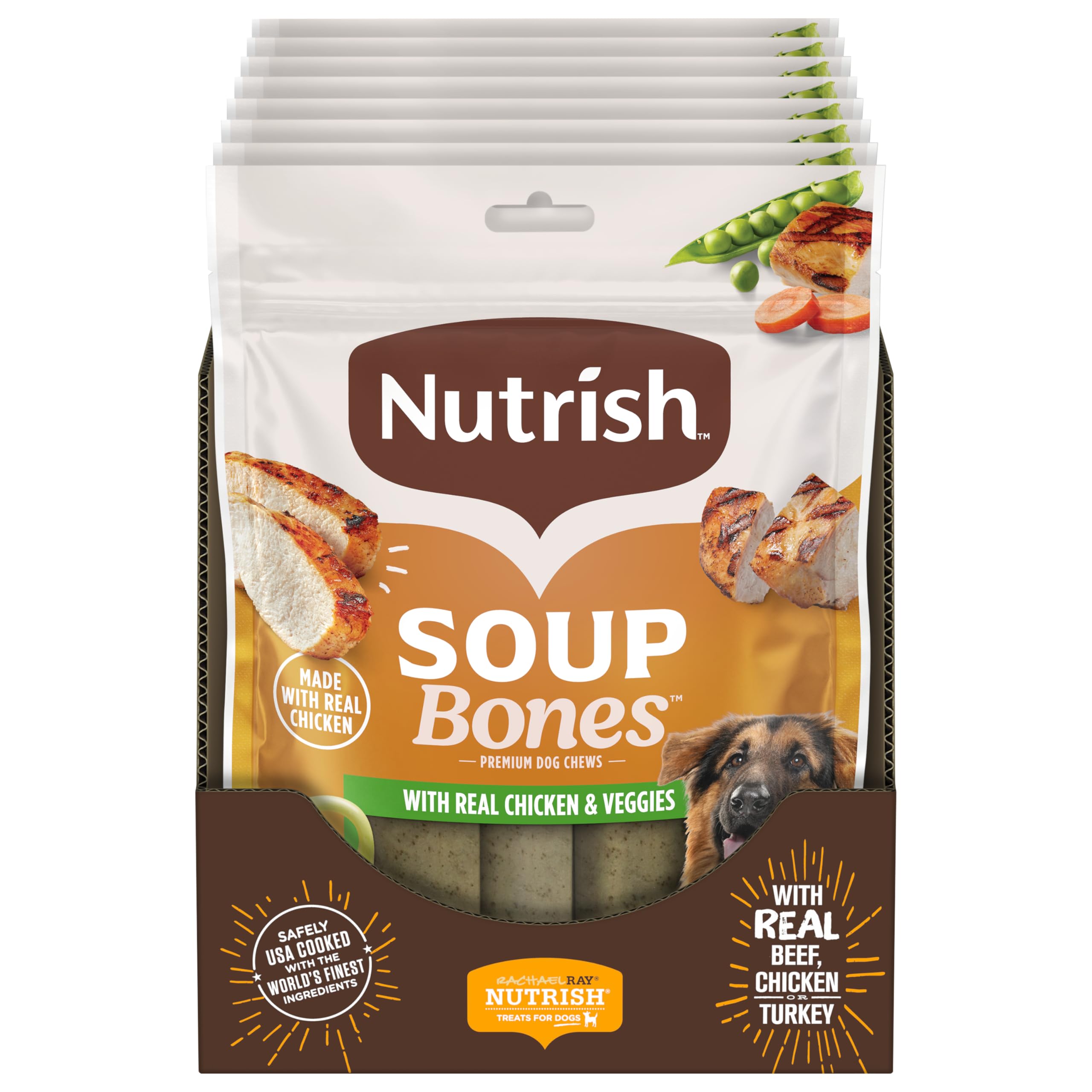 Nutrish Huesos Sopa para perros, vista de pollo y verduras, ideal para masticar y entretener.