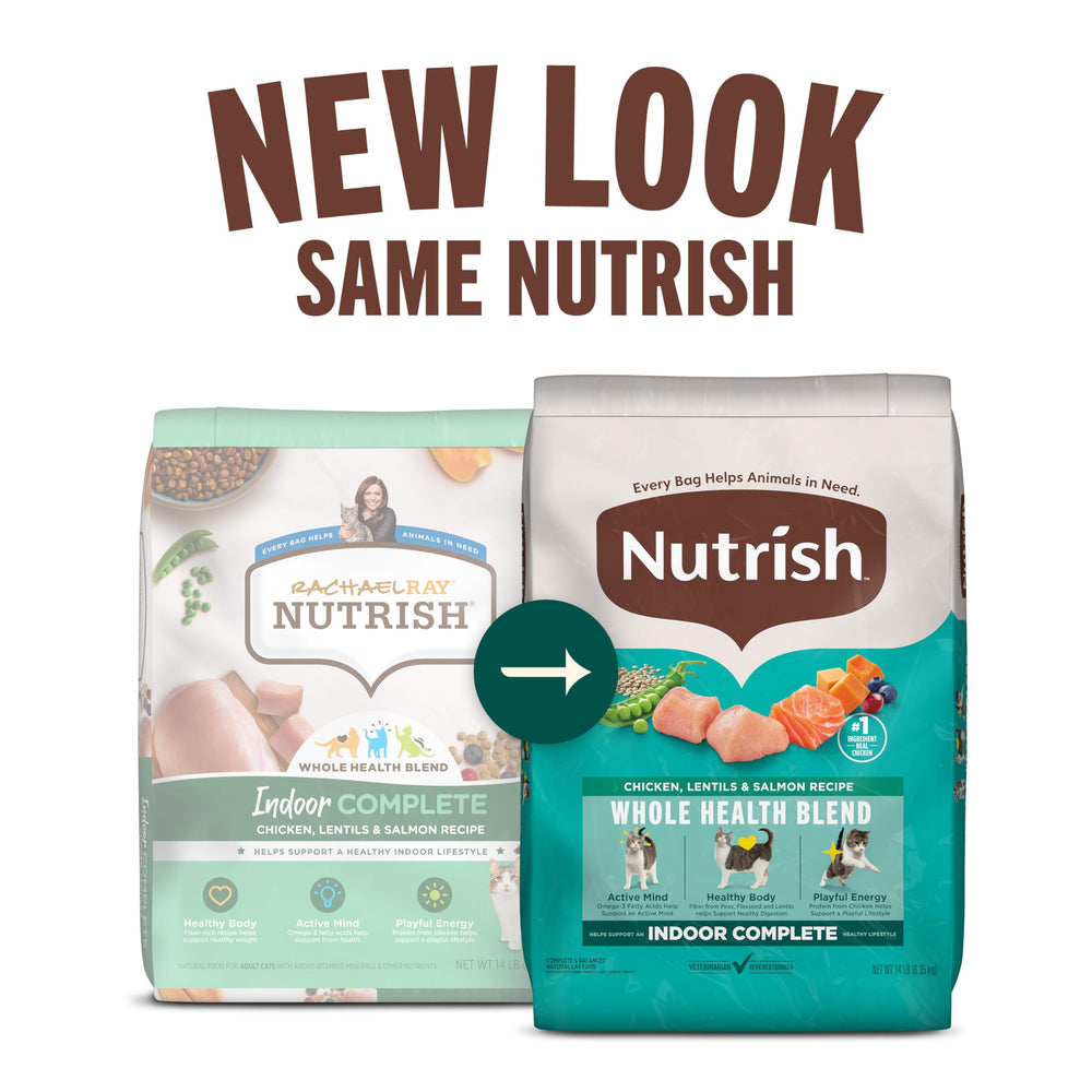 Etiqueta de Nutrish Indoor Complete 14 lb, información de ingredientes clave