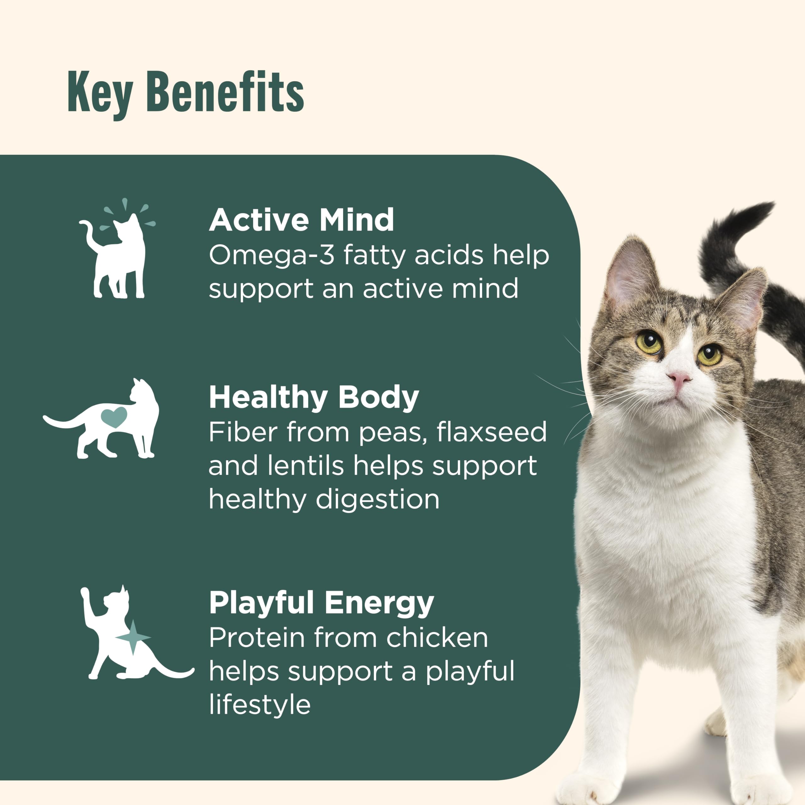 Nutrish Indoor Complete contiene omega-3 y prebióticos para digestión equilibrada.