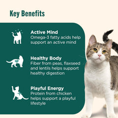 Nutrish Indoor Complete contiene omega-3 y prebióticos para digestión equilibrada.