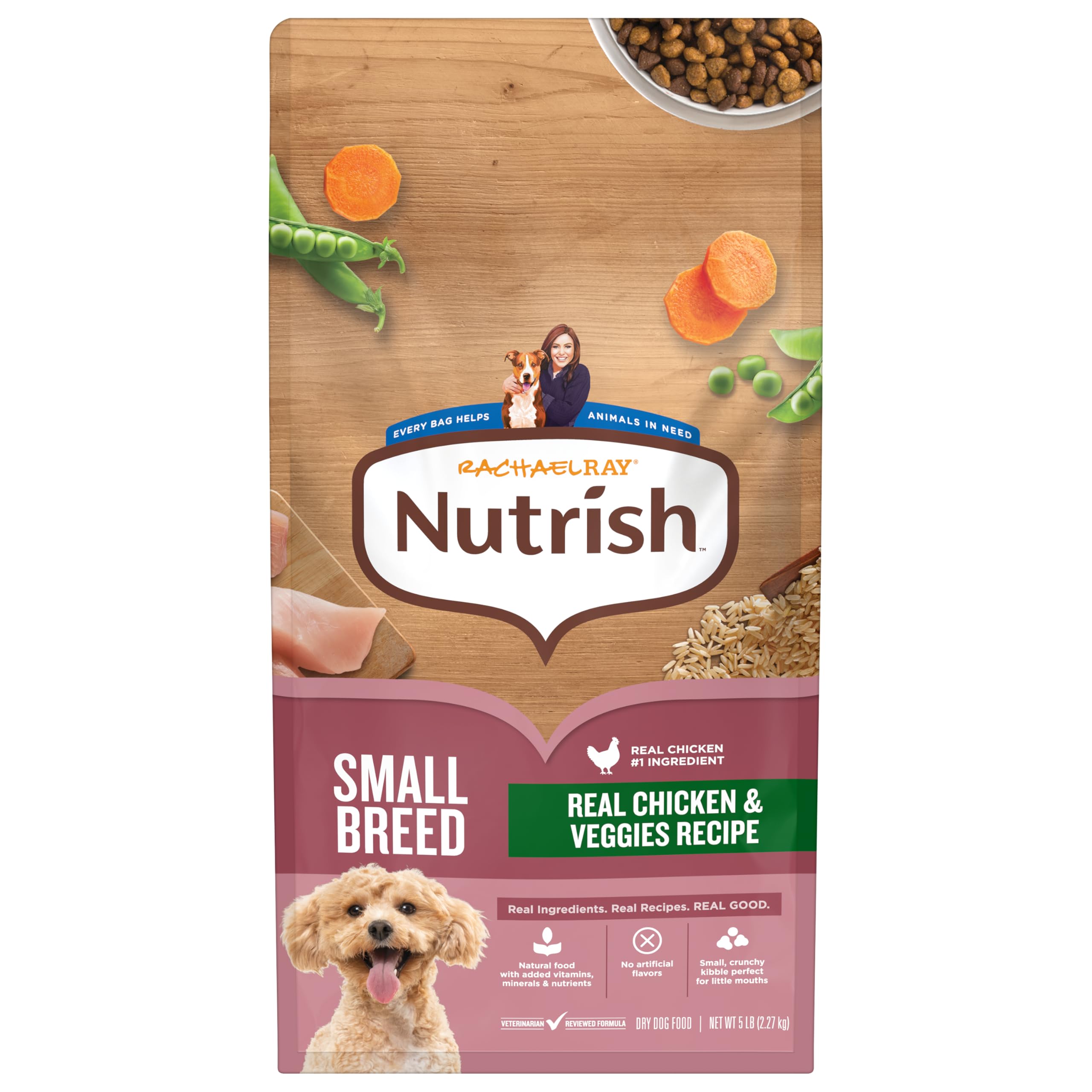 Nutrish Rachael Ray para razas pequeñas con pollo real al frente de un tazón.