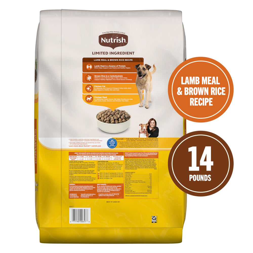 Nutrish cordero con arroz integral, fuente de proteína para perros.