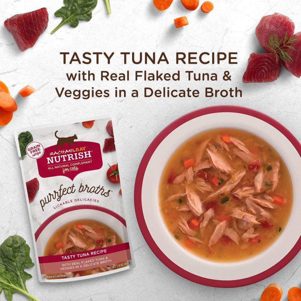 Nutrish Purrfect Broths envases prácticos de 1.4 onzas para snack o comida.