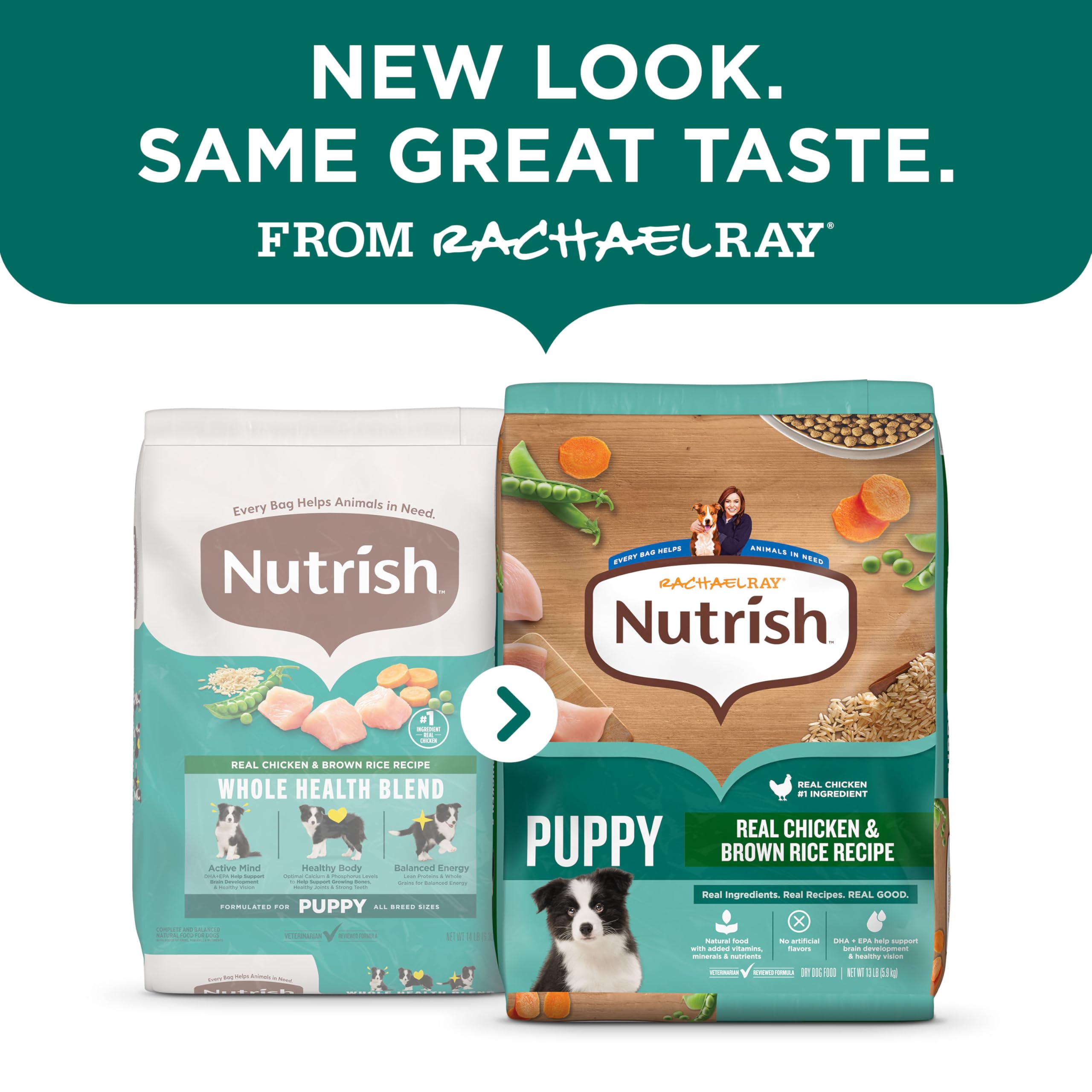 Nutrish Rachael Ray, fórmula con DHA y EPA para desarrollo cerebral en cachorros.